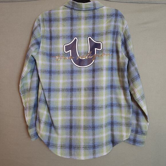 TRUE RELIGION HS Brushed Flannel Women's Button Up Long Sleeve Blouse Iris Small - Picture 2 of 12